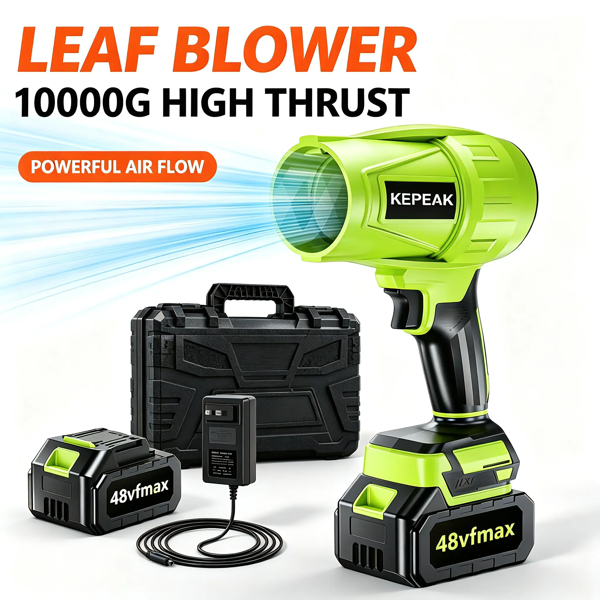 KEPEAK Cordless Turbo Jet Blower with 48V Motor, 10 Batteries, Handheld Grip & Heat Resistant Design - High Speed Portable Air Duster for Car Detailing, Leaf Blowing, Home Maintenance