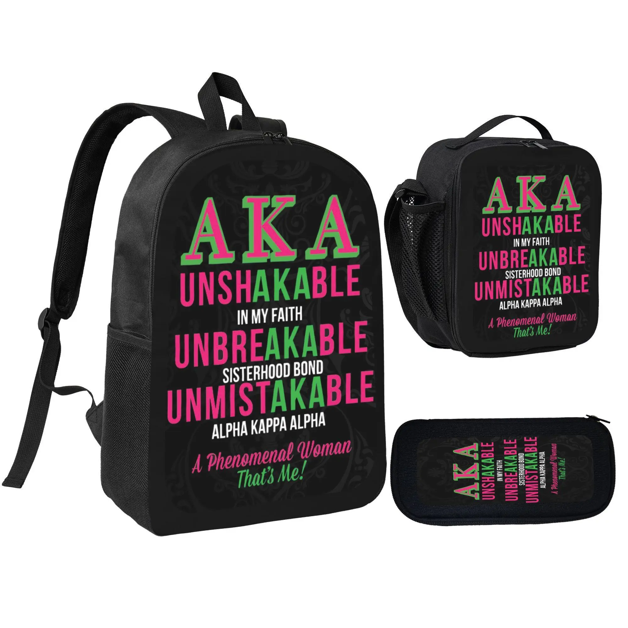 [3Pcs Backpack Set] Alpha Kappa Alpha Unshakable Unbreakable Unmistakable Sorority Quote with Lunch Bag Pencil Pouch School Bag for Girls Women Students Campus Daily Use