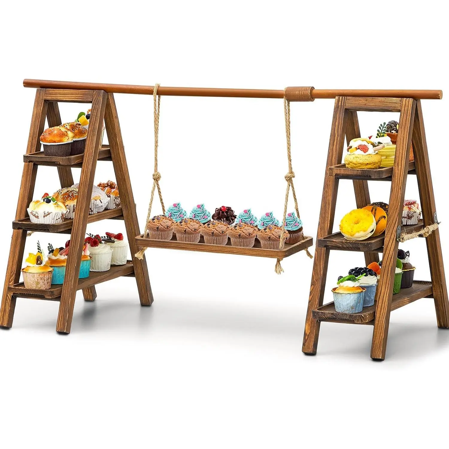 Wooden 3-Tier Swing Cupcake Stand Foldable Ladder Stand Cake Holder Dessert Display Snack Fruit Bread Centerpieces Decoration with Serving Platter for Parties, Birthdays, Weddings(Brown)