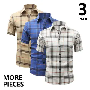 Men’s Casual Plaid Short-Sleeve Shirt 3-Pack – Breathable, Turn-Down Collar, Summer Fashion, Men’s Style, Plaid Print, Short Sleeve, Shirt, Suitable for Summer Vacation Stylish Menswear Top