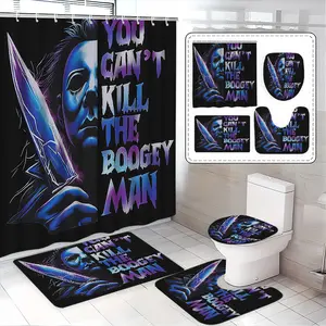 Horror Theme Bathroom Set, Four-Piece Shower Curtain Kit, Shower Curtain Sets, Includes Bath Mat, Toilet Cover, U-Shaped Pad, Elegant Home Decor Gift, Bathroom Decoration Accessories