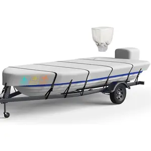 Heavy Duty 5 Layers 1200D Jon Boat Cover for 12ft-14ft, 100% Waterproof Trailerable Jon Boat Cover with Motor Cover & 13 Pieces Windproof Straps