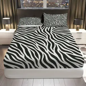 3Pcs Zebra Stripe Pattern Fitted Sheet Three Piece Set (1*Fitted Sheet+2*Pillowcases, Coreless), Holiday theme, Animal Print Bedding Set, Mattress Protector Soft, Breathable