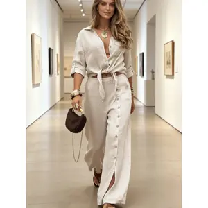 matching sets women Loose Fit Long Sleeve Shirt Set Tie Hem Wide Leg Pants Casual All Season Outfit Mother's Day Gift