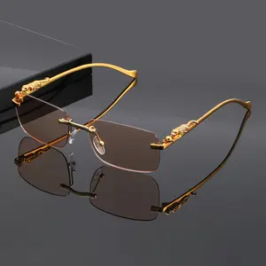 Unisex Vintage Square Frame Sunglasses with Cheetah Print & Ombre Lens - Rimless Retro Eyewear for Men Trending Gold Snake Designer Glasses TC832054