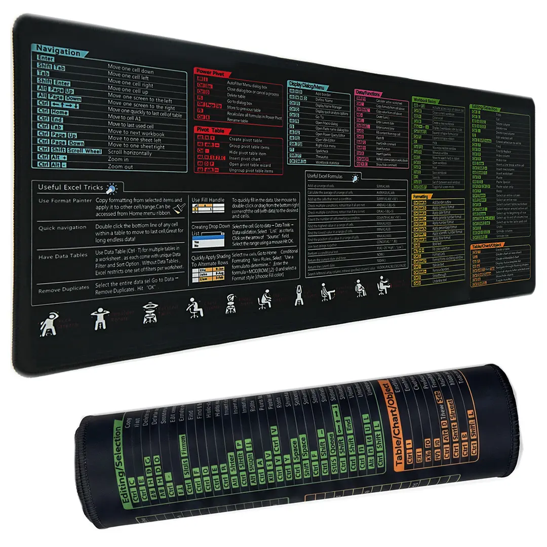 Excel Shortcut Mouse Pad XL | 31.5 x 11.8 Inch Large Extended Desk Mat, Waterproof Non-Slip Keyboard Mouse Pad for Office, Work From Home, Computer and Laptop Desk Setup