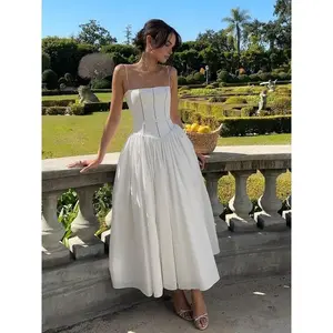 Womens Corset Detail Spaghetti Straps Knotted Maxi Dress Women French Flowy Dress White Women Dress Summer Beach Dress