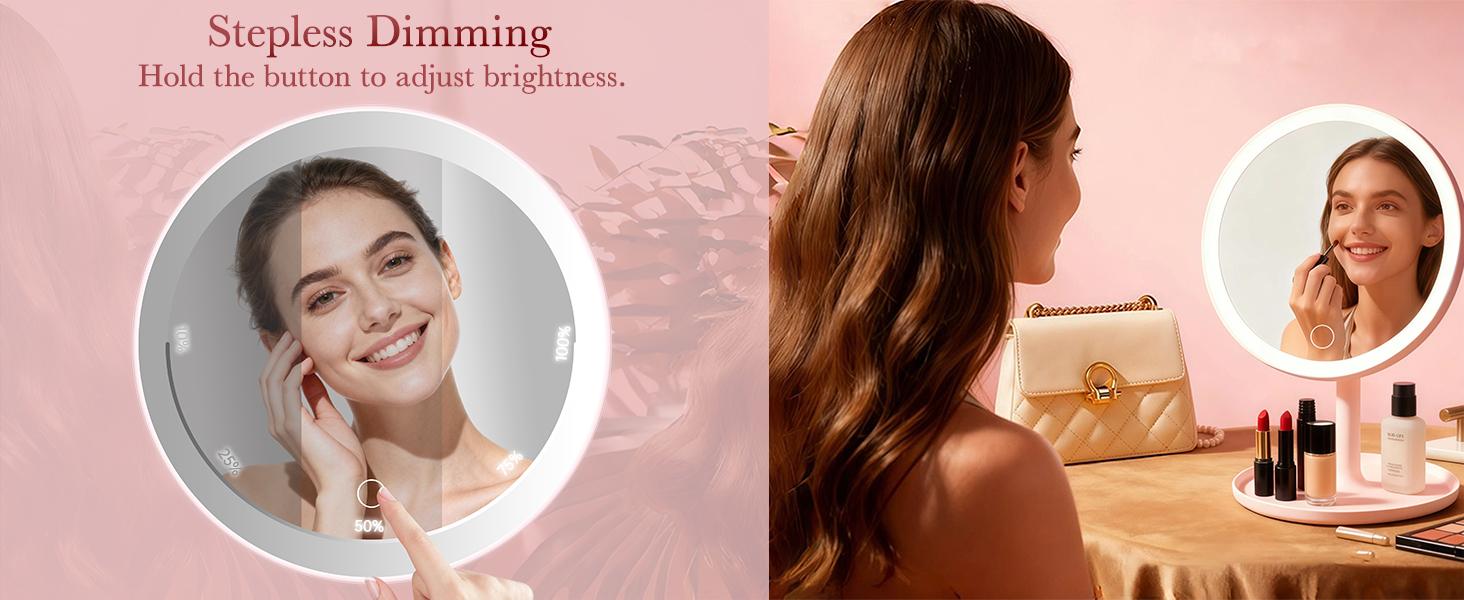 Amifiy Lighted Makeup Mirror — 4-in-1 Rechargeable Magnetic Beauty Mirror, 360° Free Rotation (Pink), 3 Color Modes & Adjustable Brightness, Detachable Design, Portable Lighted Makeup Mirror for Desktop & Travel Use