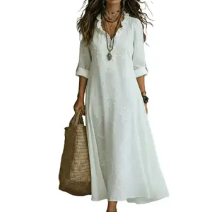 Fashionable lace Floral embroidered cotton-linen long dress v-neck ruffle casual dress, perfect for beach vacation