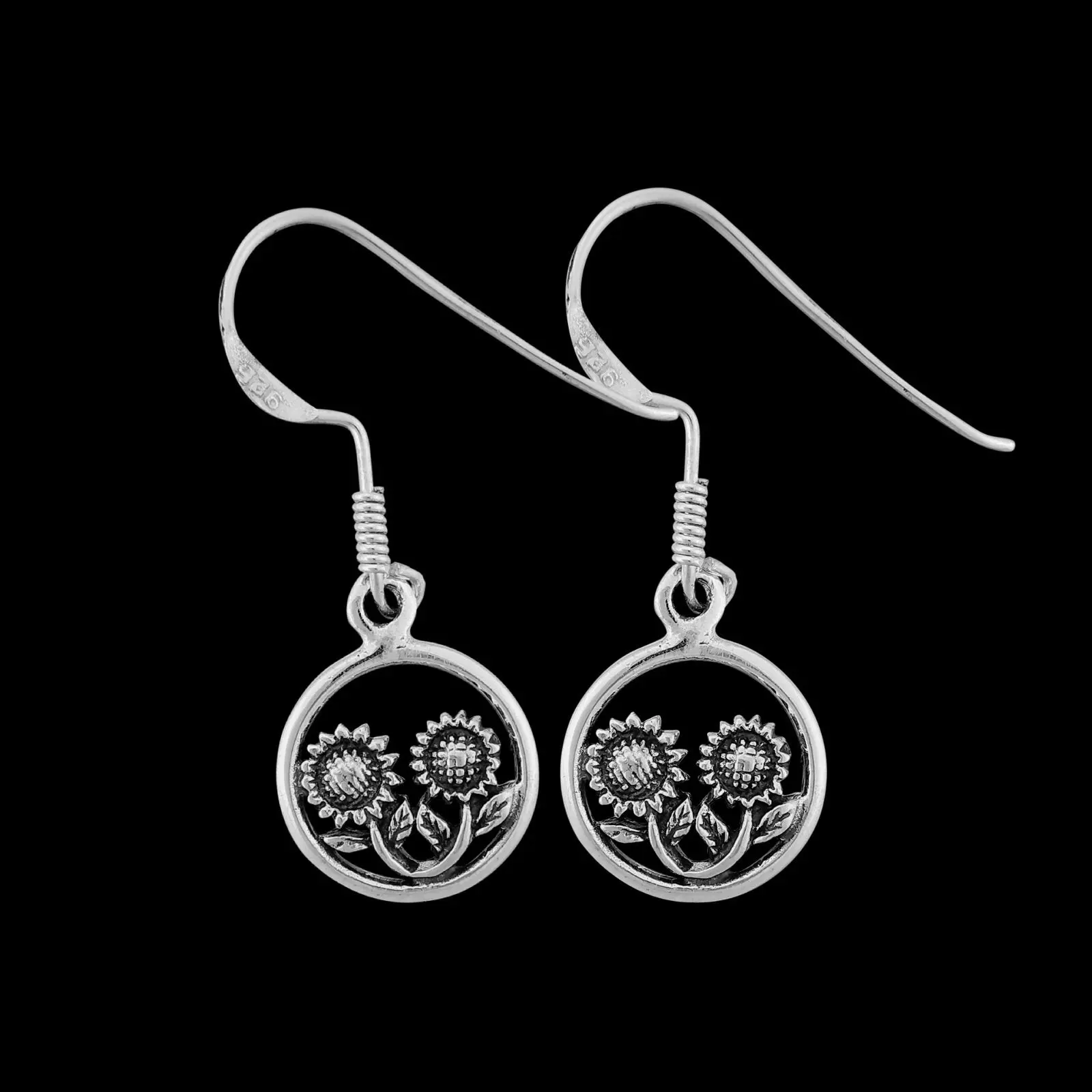 925 Sterling Silver Pair of Sunflower dangle and drop earrings