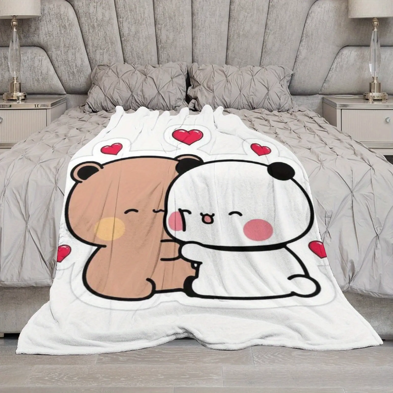 Cute Couple Bear Throw Blanket, Soft Flannel Blanket 280GSM, Kawaii Cartoon Bear Design, Cozy Warm Blanket for Sofa Bed Bedroom Decor, Valentine's Day Gift for Her Him, All Season Home Blanket