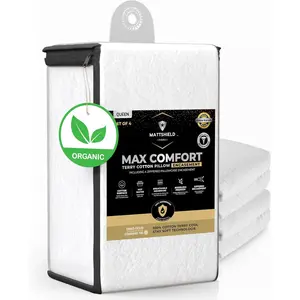 4-Pack Max Comfort Pillow Protectors, Queen — Zippered, 100% Waterproof, Organic Cotton Terry Surface, Quiet & Breathable Pillowcase Covers