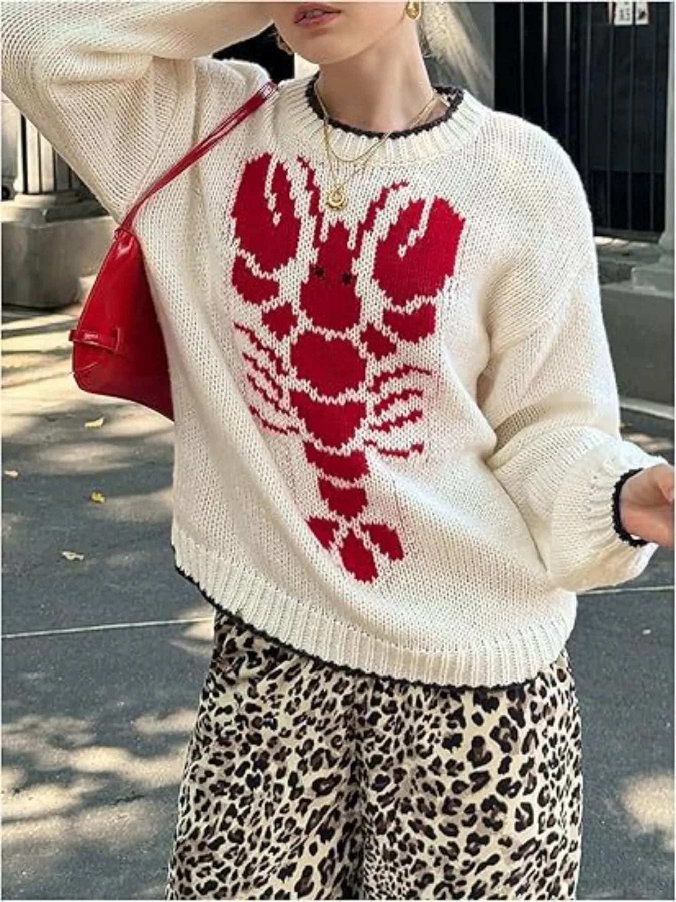 Women's Round Neck Pullover Knit Sweater, Lobster Design, Casual Everyday Loose-Fitting Knitted Long Sleeve, Fall & Winter Travel Wear, Knitwear