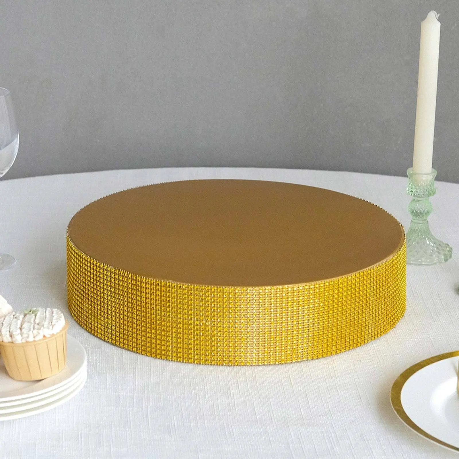 Metal Pedestal Cake Stand 14" Round Design with Rhinestones Gold - Cupcake Holder and Dessert Table Centerpiece