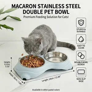 Macaron Stainless Steel Double Pet Bowl - Sturdy Durable Feeding Solution for Cats with Non-Slip Base Easy to Clean 34cm x 18cm x 8.5cm Pastel Colors tiktokshopspringglowup
