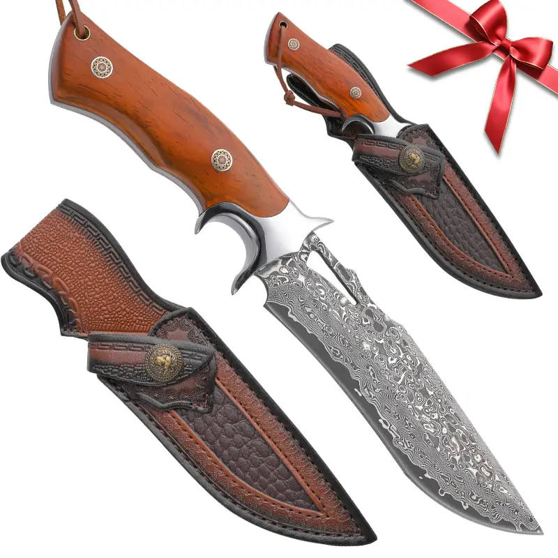 High-end Damascus outdoor straight knife, fixed blade, wooden handle and leather sheath, easy to carry, quick cutting, Christmas holiday gift, men's,