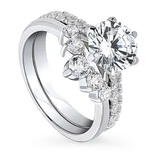 BERRICLE Sterling Silver Solitaire 5-Stone Wishbone Engagement Rings Statement Stackable Band for Women, 2 Carat Round Cut Cubic Zirconia CZ Ring Set
