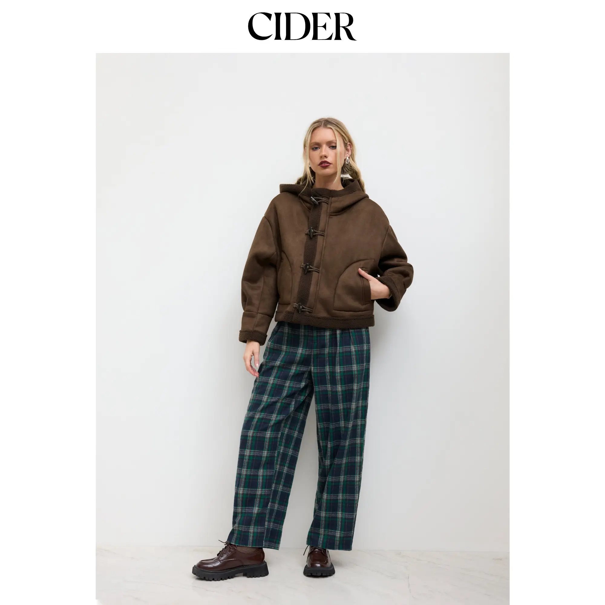 Cider Faux Shearling Hooded Pocket Toggle Button Oversized Jacket