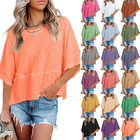 Imily Bela Women's 3/4 Batwing Sleeve Casual Comfy Top - Solid Color Round Neck Soft Fabric Comfy Basics Effortless Flow Cute Summer T-Shirt