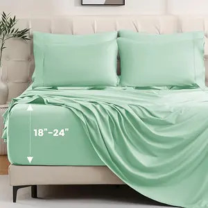 4pcs Bamboo Cooling Bedding - Cooling Bamboo Fiber Fitted Sheet Set, Extra Deep Bamboo Sheet Set- Suitable For Hot Sleepers, Kids, Children Pillowcases, Flat Sheet And Fitted Sheet - A Perfect Gift For Family, Queen And King Sizes, Next Day Delivery
