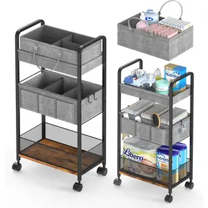 2In1  Diaper  & 3-Tier Rolling Diaper Cart, Diaper  Organizer Cart with Dividers, Mobile Metal Utility Cart for  Essentials, Detachable Bedside Cart, Large Capacity
