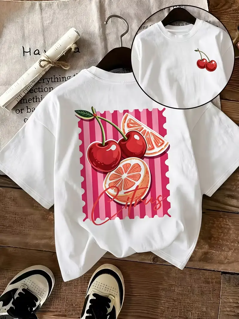Cherry Grapefruit Citrus Double Sided Cute Cartoon Fruit Print Cotton T-shirt