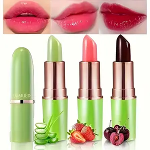 3pcs 24H Color-Changing Lip Balm, Lipstick, Lipgloss - Aloe Vera Enriched, Hypoallergenic Matte Finish, 24H Long-Lasting Moisture with Strawberry, Cherry & Nude Shades - Sensitive Light Beige Safe, On-the-Go Hydration