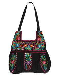 Artisanal Embroidered Handbag 50% Cotton, 50% Polyester Black  603194