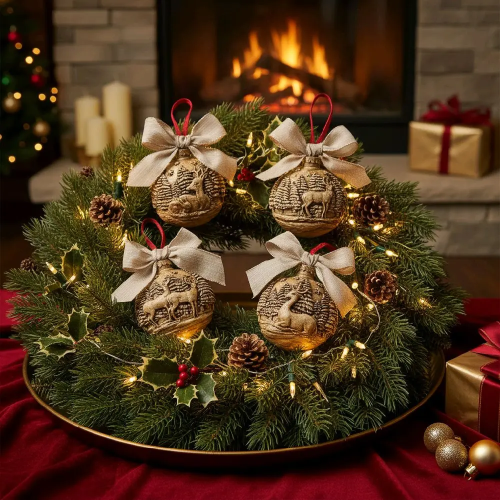 Deer Collection Rustic Christmas Ornaments Set of 4 4 Inch Handmade with Bow Accents for Festive Decor Featuring Detailed Deer Motif and Elegant Bow Details