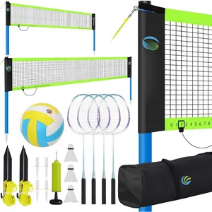 Portable Volleyball & Badminton Combo Net Set for Backyard Beach with 2 Nets (20ft and 32ft), Adjustable Poles, PU Volleyball,  Rackets and Carry Bag, Quick Setup & Durable