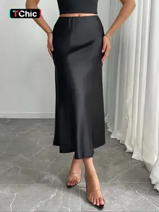 Elegant High Waist Satin Midi Formal Fashion Skirt, Spring & Fall Fashion, Slimming Solid Color Design, Women's Stylish Clothing
