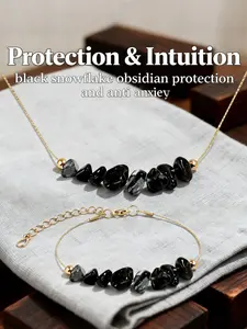 Protection & Intuition Bracelet Choker Set, Snowflake Obsidian Natural Stone Jewelry, Anti Anxiety, Casual Wear, Crystal Setting