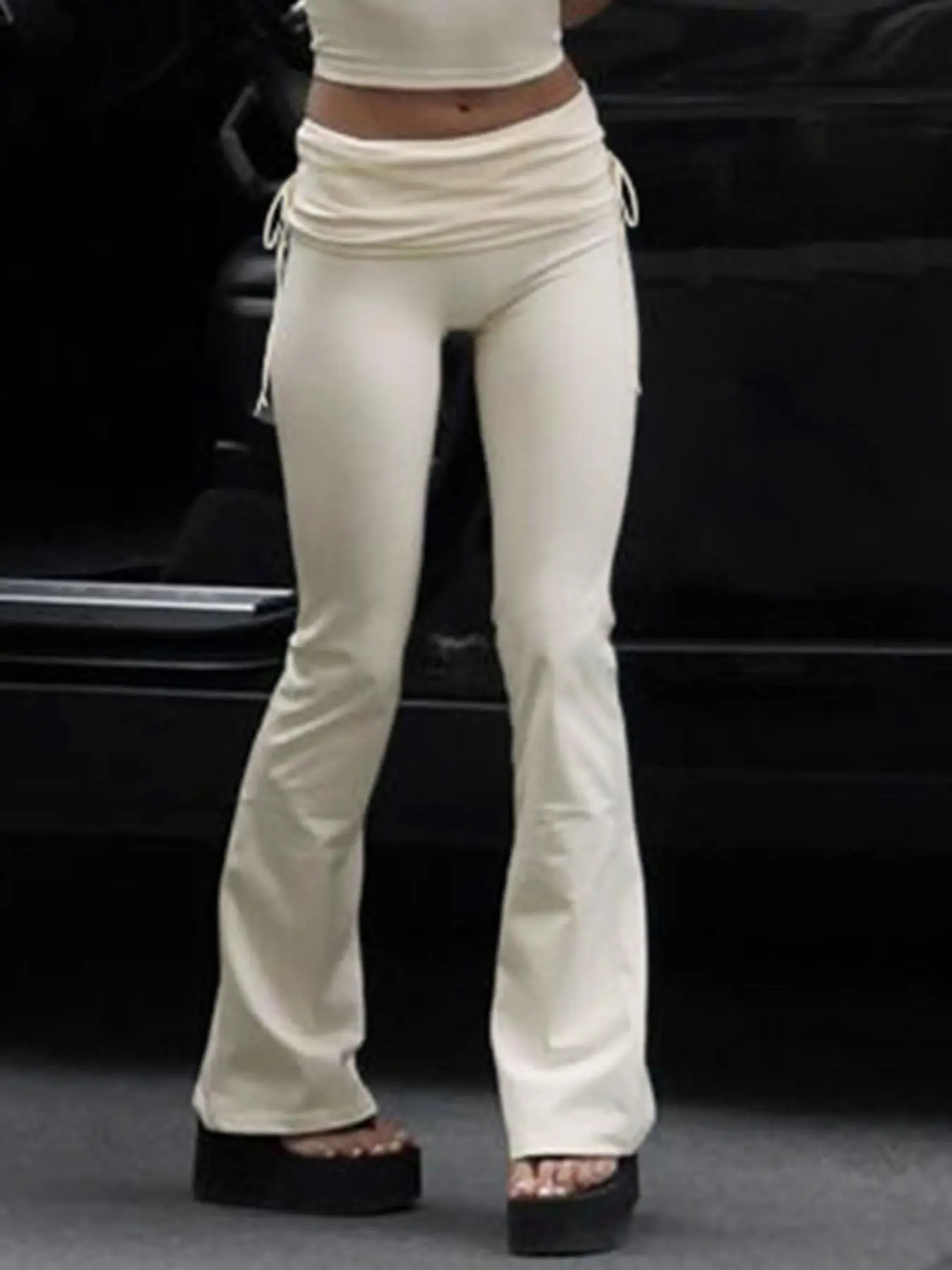 Women's Plain Ruched Drawstring Rib Flares Leg Pants, Casual Street Drop Waist Bell Bottom Trousers for Daily Wear Outdoor, Women's Bottoms for All S