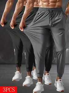 Men’s 3-Pack Stretch Drawstring Joggers, Casual Athletic Pants with Zipper Pockets, Suitable for Gym, Basketball, Camping, Fishing, Beach Running