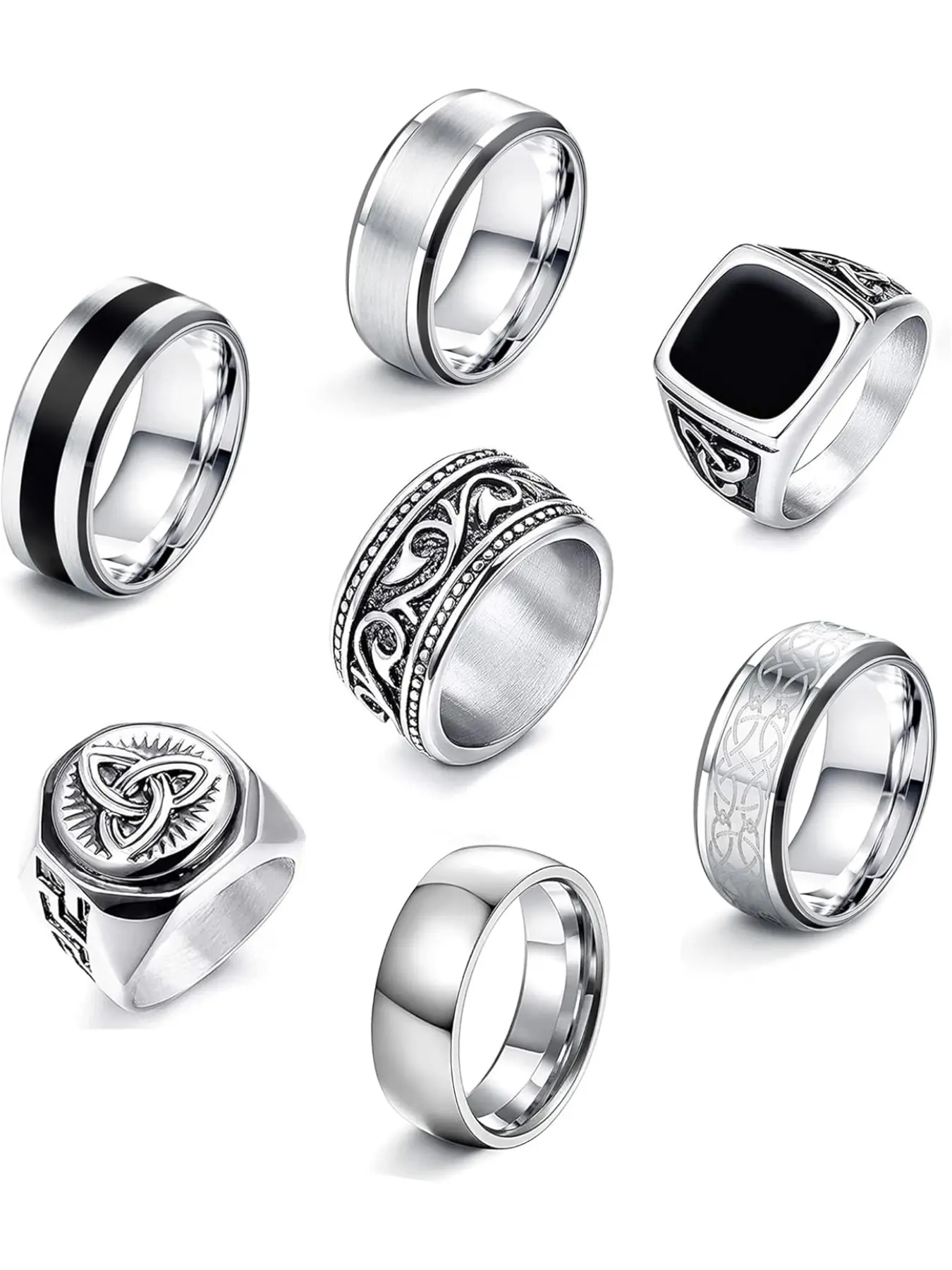 Set of 7 Men's Stainless Steel Rings Silver Matt Polished Celtic Knot Vintage Design, Signet Ring and Gothic Biker Style, Engravable for Personalization Stacking Ring Set