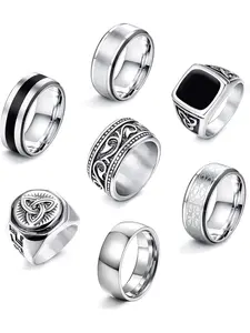 Men's Stainless Steel Rings Set, Stacking Rings, Silver Color Matte Finish, Celtic Knot Design, Vintage Style, Gothic Biker Jewelry for Men