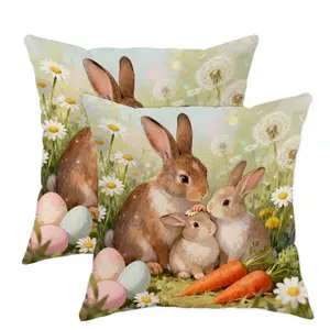 Jit 2pcs 2D Flat Rabbit Throw Pillow Covers, Spring Fanciful Chrysanthemum Carrot Design, Soft Velvet Material, Washable Cushion Cover