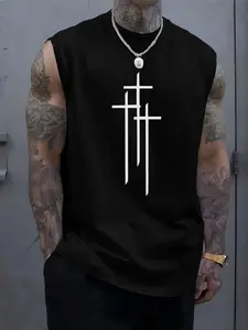 Men's Cross Print Round Neck Tank Top, Street Fashion Casual Crew Neck Sleeveless Top for Daily Outdoor Wear, Men's Clothes for Summer, Streetwear