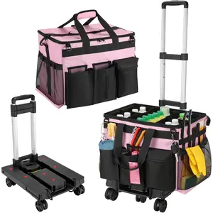 Large Rolling Bag with Detachable Trolley, 360 °   Free Rotating with 5 Wheels and Dust-Lid, Supplies Bag for Housekeepers, Pink