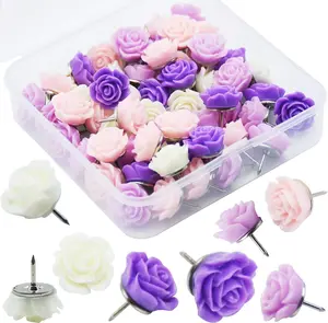 60 count Decorative Pushpins, Purple Rose Flower Push Pin with Gradient Color, Cork Board Tacks, Bulletin Board Tacks, Thumb Tack Decorative for CorkBoard, Office Organization, School or Home