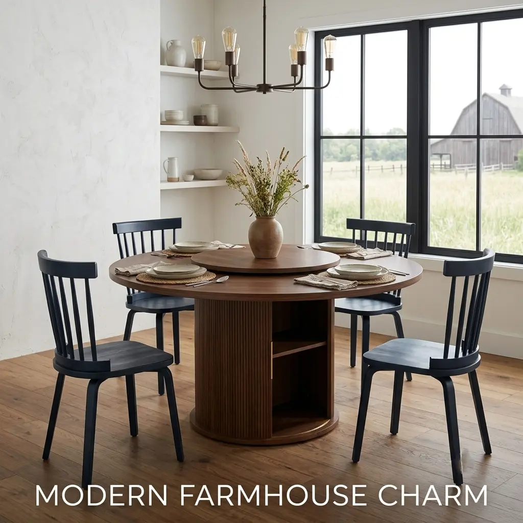 Round Rotating Dining Table, 55-inch Table for 6 People, Double-Tier Storage Rack, Wooden Sliding Doors, for Dining Room & Living Room, kitchen furniture
