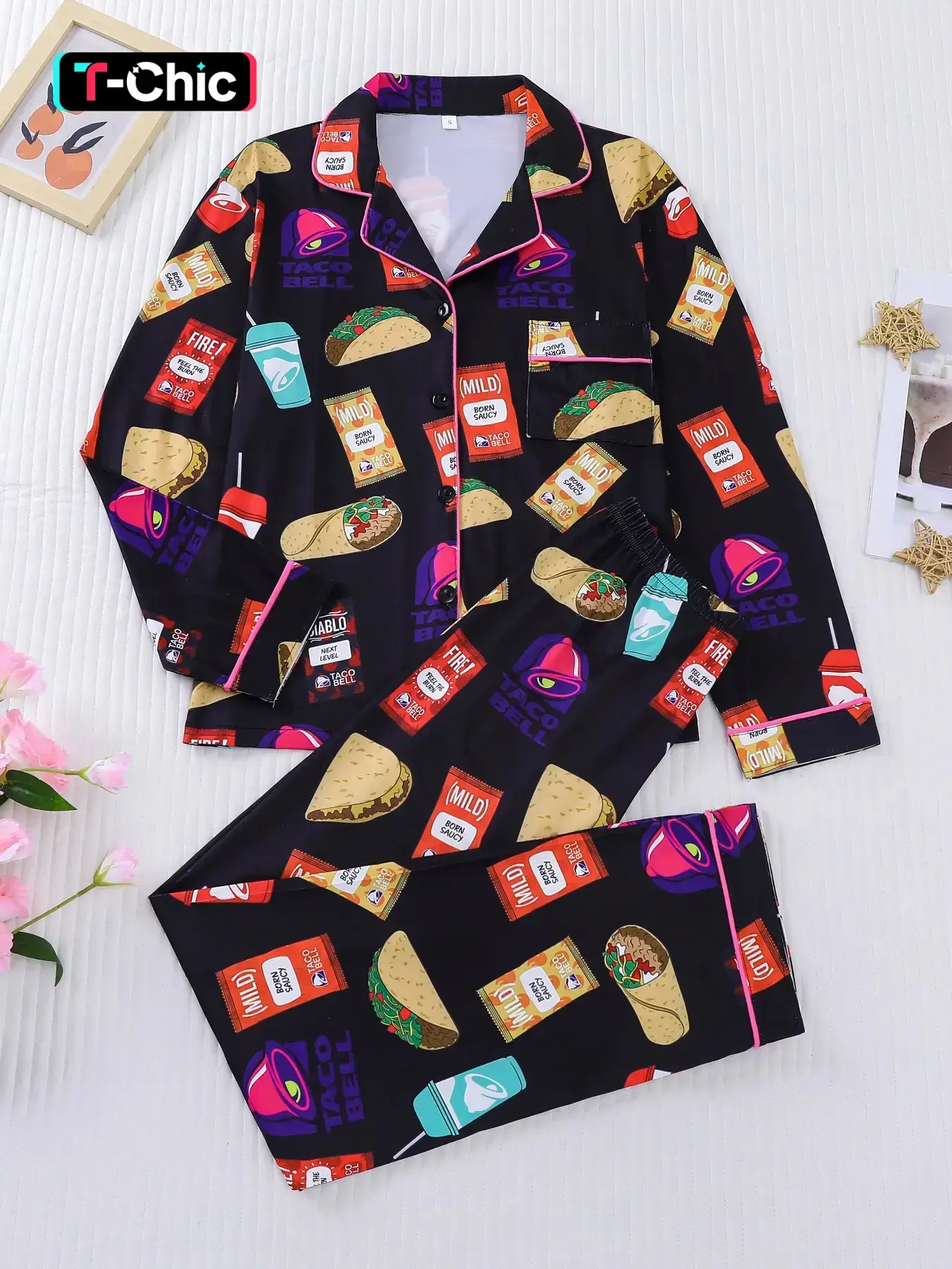 2-piece snack set, potato chips, hot dogs, printed long sleeved shirt, long pants, soft, comfortable, smooth top, small pocket, button closure, elastic waistband, casual wear, Loungewear, pajamas, Nightwear