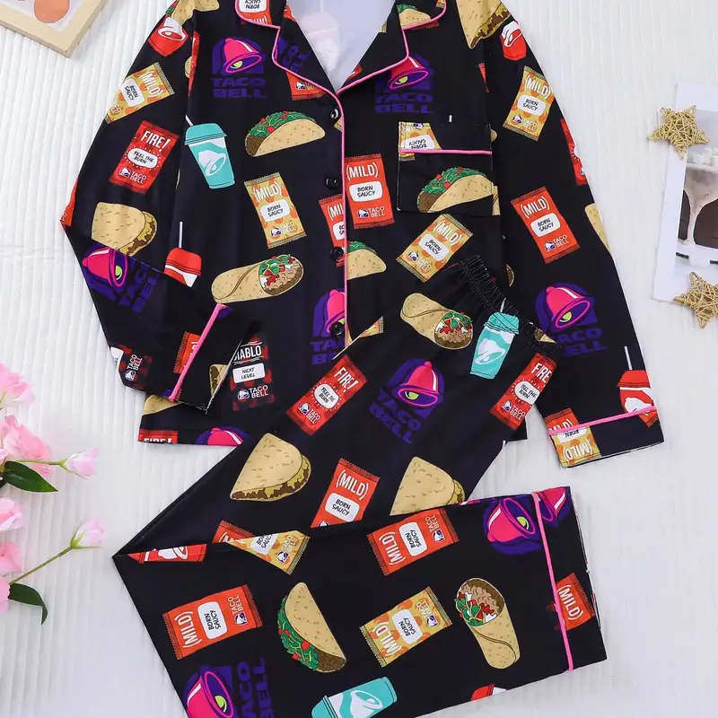 2-piece snack set, potato chips, hot dogs, printed long sleeved shirt, long pants, soft, comfortable, smooth top, small pocket, button closure, elastic waistband, casual wear, Loungewear, pajamas, Nightwear