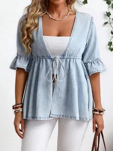 Women's Light Blue Denim Belted Cardigan, Casual Commute, Beach Outerwear, Afternoon Tea Date, Drawstring Waist, Flounce Sleeves, V-Neck, A-Line Hem