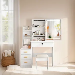 Makeup Vanity Table with Mirror and Lights, 3 Adjustable Lighting Modes, Elegant European Style Dressing Desk with Storage Drawers and Open Shelves, Ideal Gift for Girls and Women Bedroom