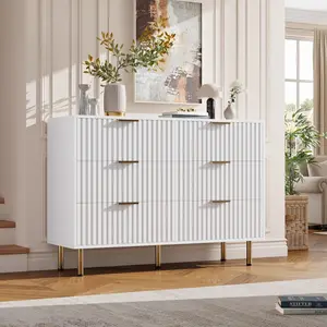 Modern Fluted 6 Drawer Dresser - 54" Wide Wooden Chest with Deep Storage - Large Double Dresser & TV Stand for Bedroom, Living Room, Hallway, Kids Room - Versatile Colors