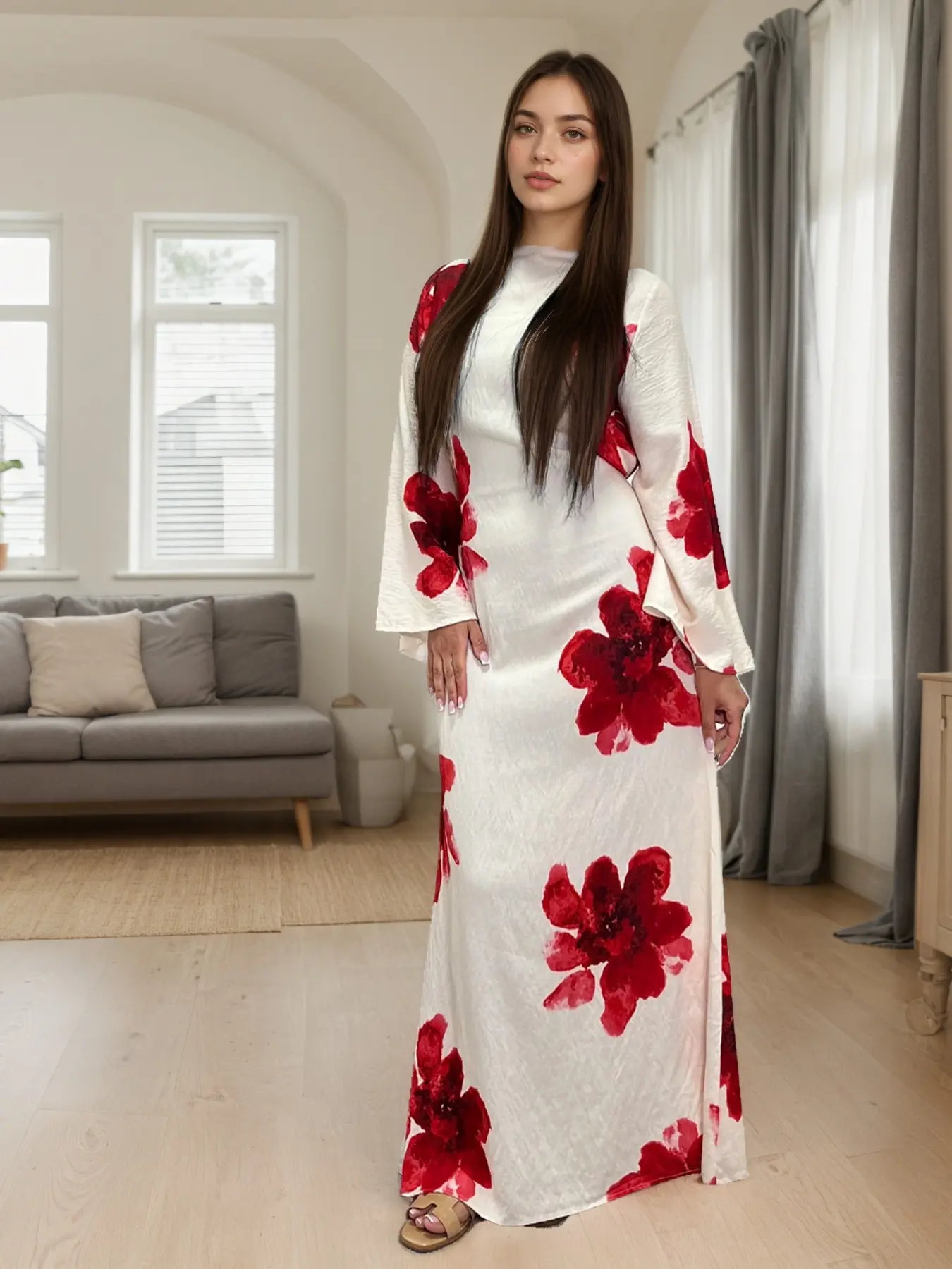 New Muslim Women's New Chinese Watercolor Floral Print Long Modest Islamic Abaya, Textured Flowy Fit Islamic Dress, Middle East Style, Modesty Abaya, Daily Wear, Muslim Clothing, Muslim Dresses