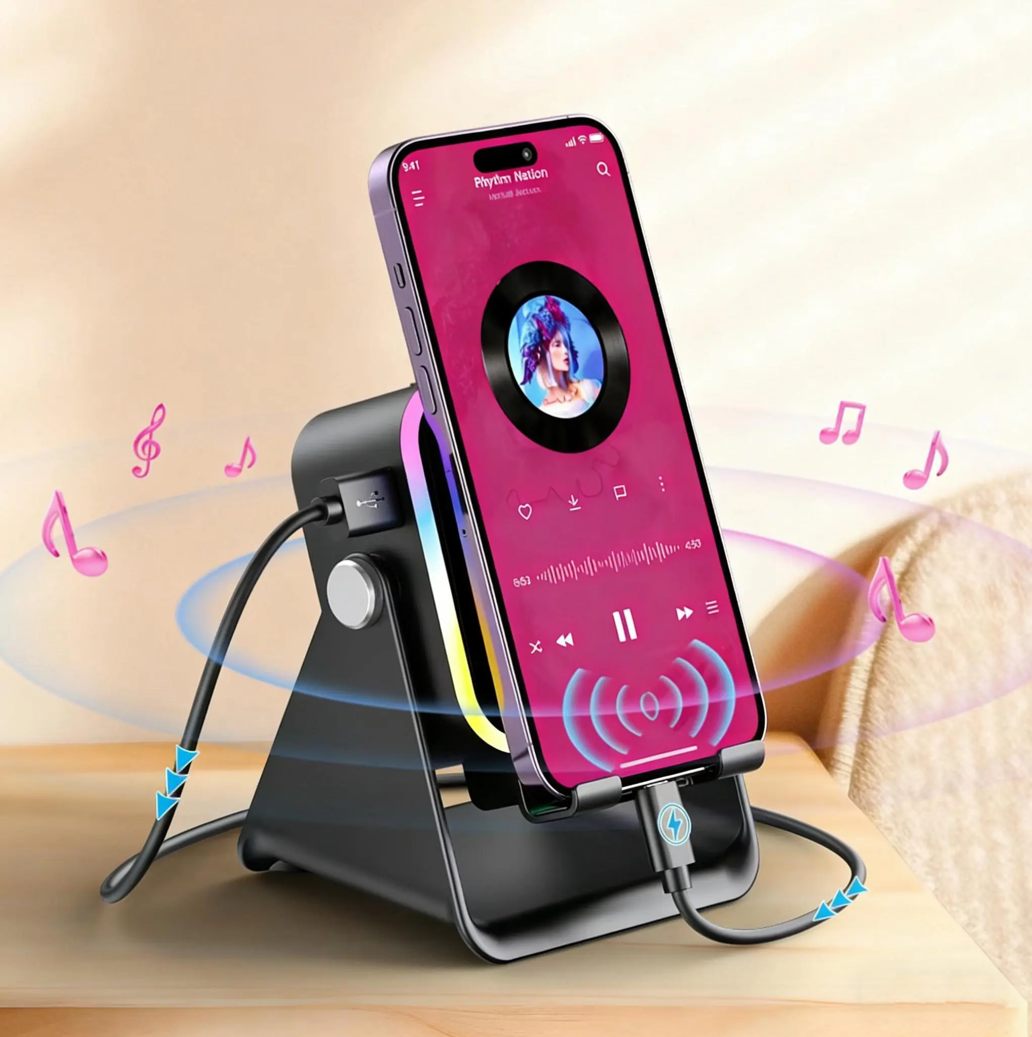 5-in-1 Induction Wireless Speaker - Bluetooth & App Compatibility, Built-in Hybrid Adjustable Mount Stand, 360° Rotatable Holder, RGB Ambient Light, Power Bank, Compact Subwoofer, Universal Gift for Men (Works with Smartphones, Android, iPhone), Wireless