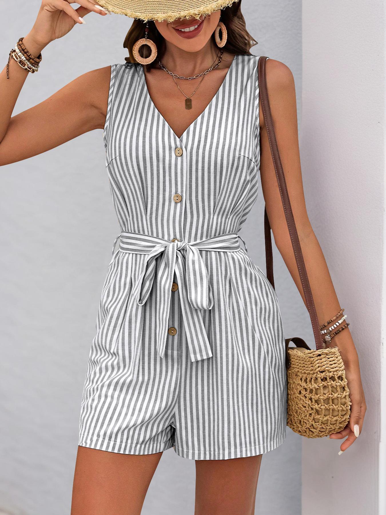 V-neck Sleeveless Striped Jumpsuit Short Pants
