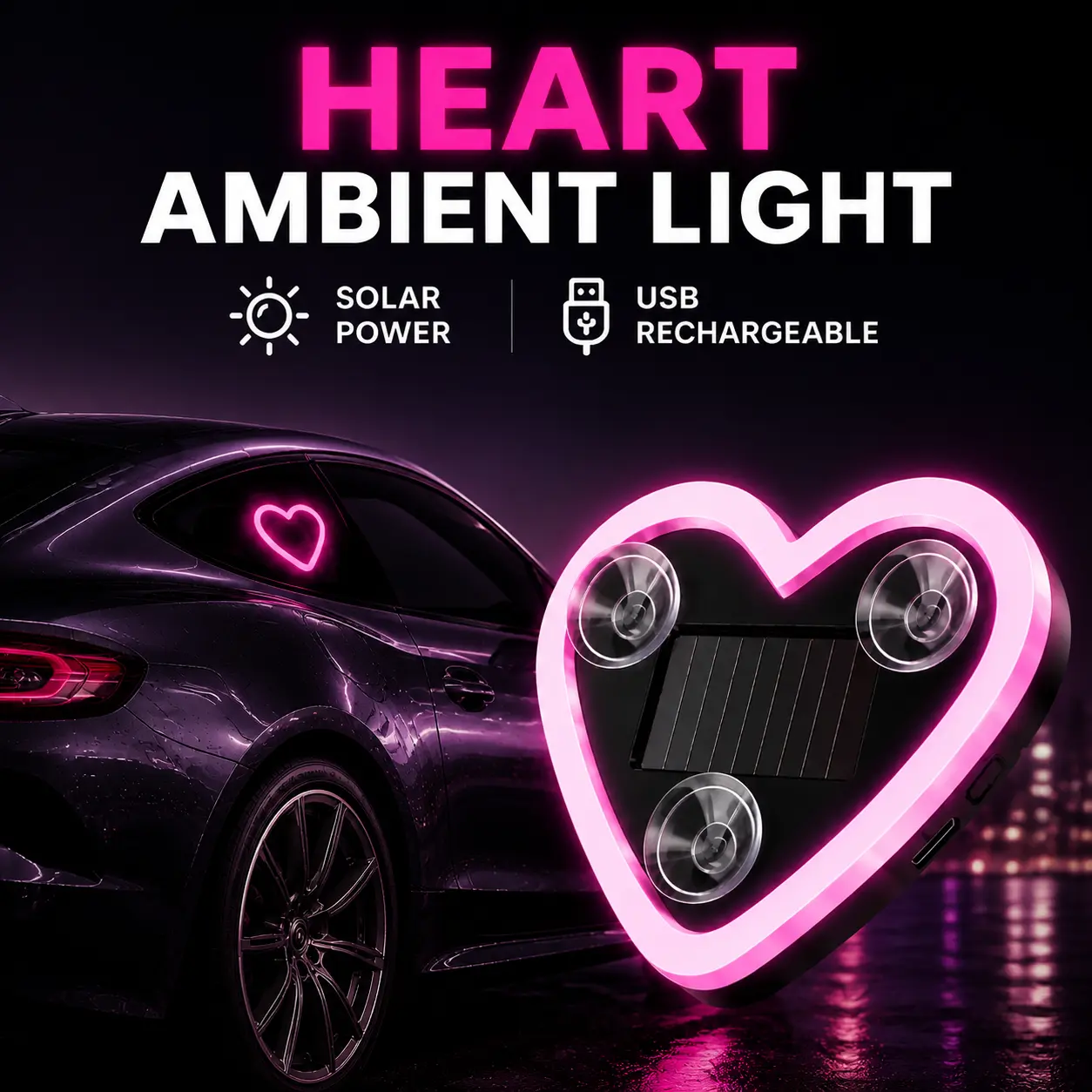 DIYCOM Heart Shape Car Ambient Light - Solar Power + USB Charging Suction Cup LED Neon Window Lamp, Camping Essential with Ambient Glow & Multiple Modes